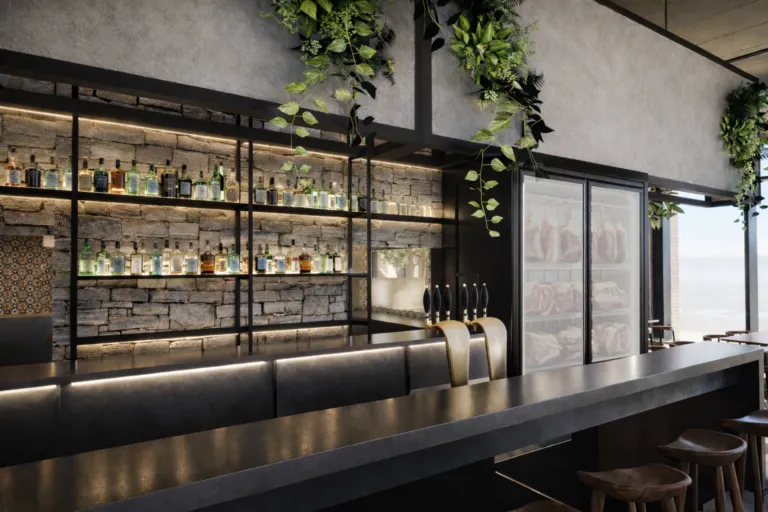 Le bar du bistrot théâtre Just B à Renens et ses étagères de bouteilles