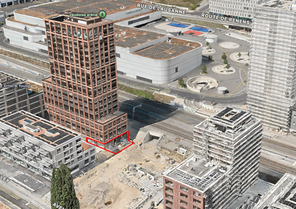 Vue aérienne du quartier de Malley, où se trouve le bistrot théâtre Just B à Renens